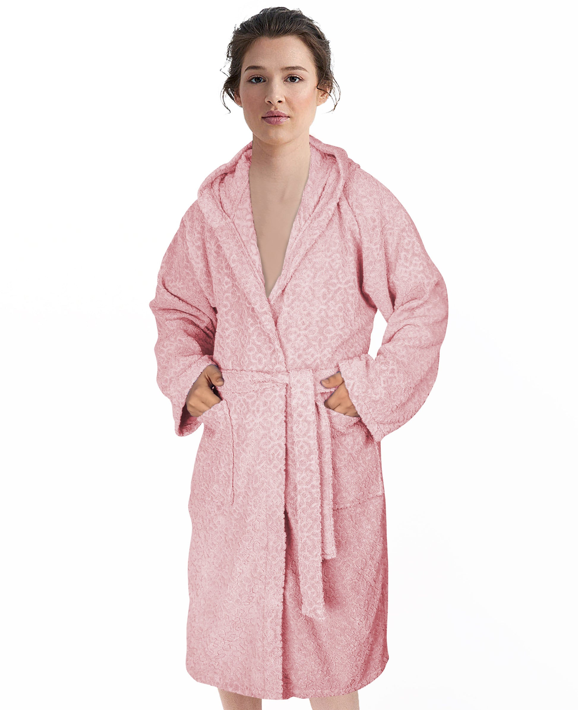 Jacquard Terry Bathrobe - 100% Cotton Dressing Gown for Men & Women, Highly Absorbent Soft Toweling Bath Robe, Hooded Dressing Bath Robe With 2 Pockets & Wrap Belt-Bathrobe-Weave Essentials-L/XL-Pink-Weave Essentials