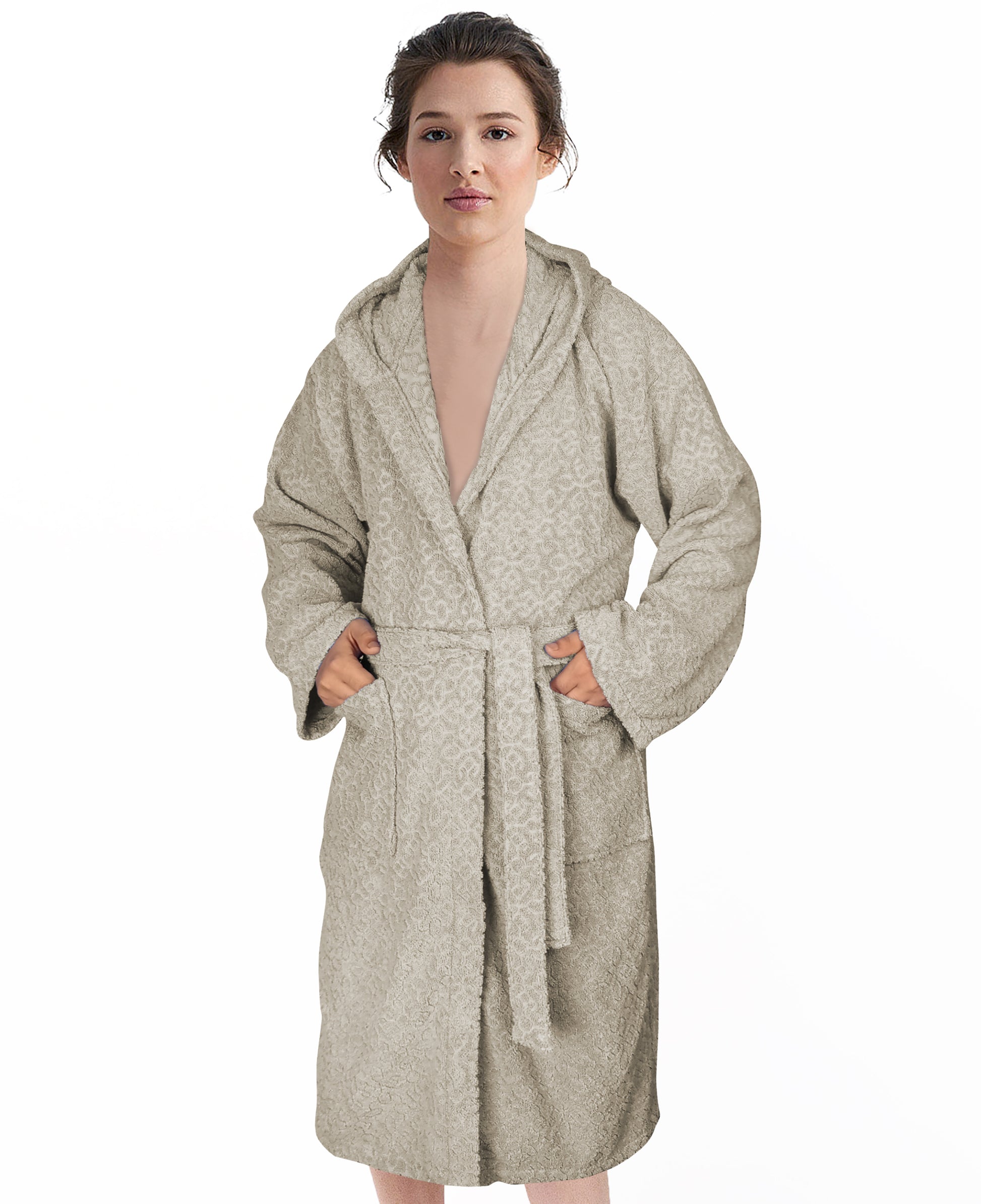 Jacquard Terry Bathrobe - 100% Cotton Dressing Gown for Men & Women, Highly Absorbent Soft Toweling Bath Robe, Hooded Dressing Bath Robe With 2 Pockets & Wrap Belt-Bathrobe-Weave Essentials-L/XL-Beige-Weave Essentials