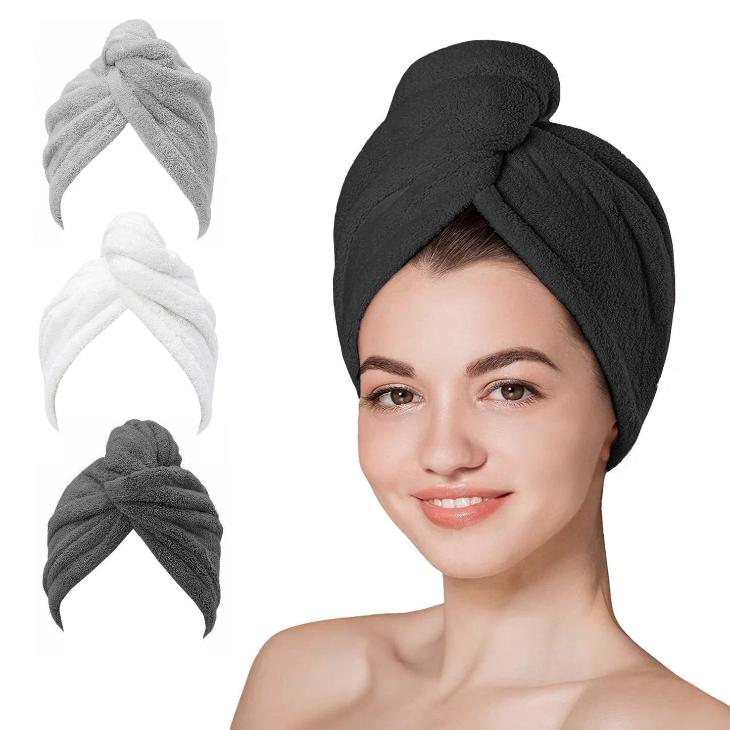 Hair Towel Wrap - 65x25 cm, Thicken Hair Turban Towel Pack of 3, Soft & Anti Frizz Head Towel for Women, Quick Drying Curly Hair Towel for Girl Wet Long Thick Hair-Weave Essentials-Charcoal-Weave Essentials