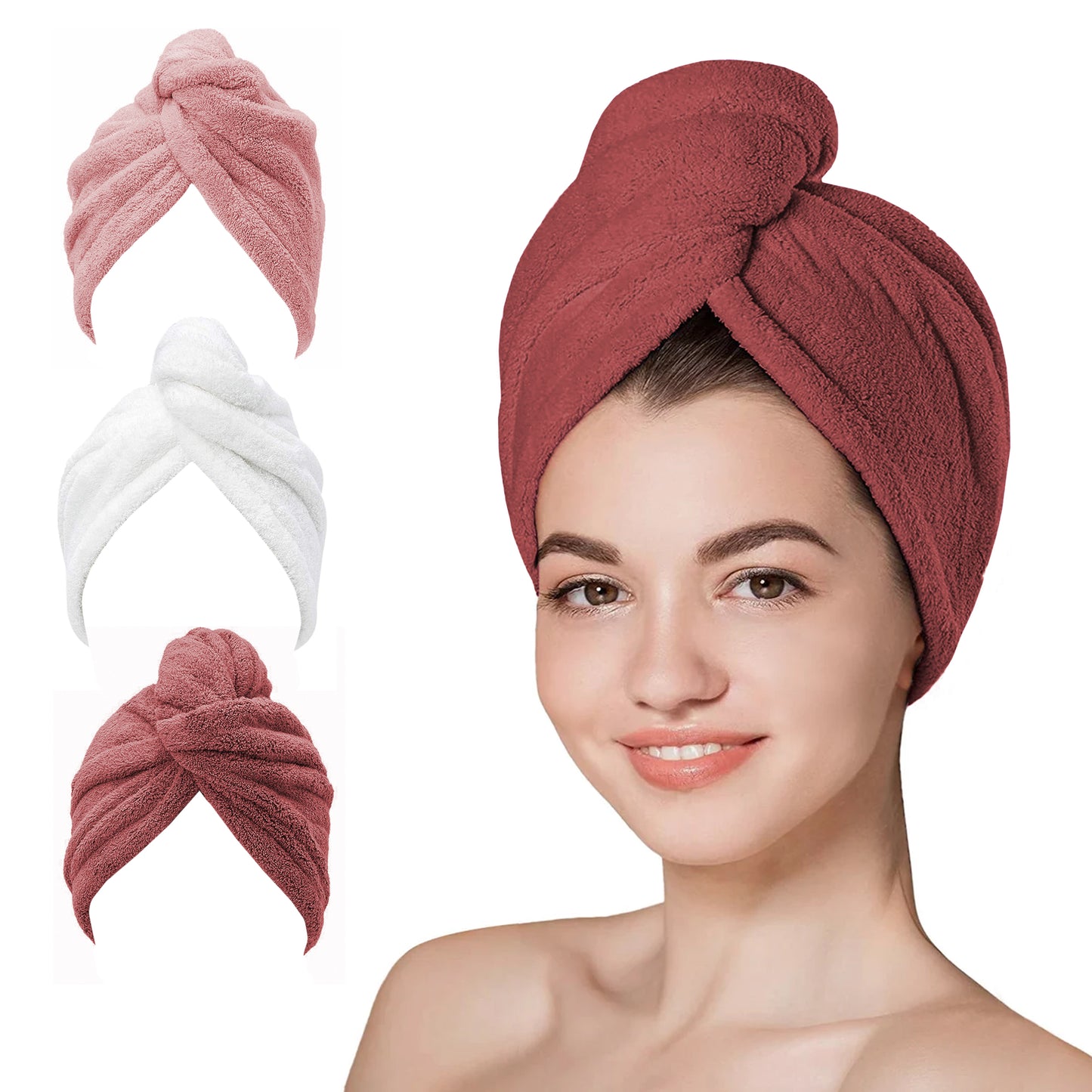 Hair Towel Wrap - 65x25 cm, Thicken Hair Turban Towel Pack of 3, Soft & Anti Frizz Head Towel for Women, Quick Drying Curly Hair Towel for Girl Wet Long Thick Hair-Weave Essentials-Scarlet-Weave Essentials