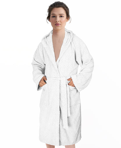 Jacquard Terry Bathrobe - 100% Cotton Dressing Gown for Men & Women, Highly Absorbent Soft Toweling Bath Robe, Hooded Dressing Bath Robe With 2 Pockets & Wrap Belt-Bathrobe-Weave Essentials-S/M-White-Weave Essentials