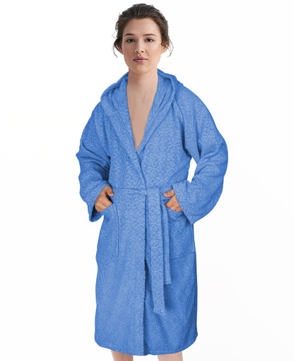 Jacquard Terry Bathrobe - 100% Cotton Dressing Gown for Men & Women, Highly Absorbent Soft Toweling Bath Robe, Hooded Dressing Bath Robe With 2 Pockets & Wrap Belt-Bathrobe-Weave Essentials-S/M-Blue-Weave Essentials