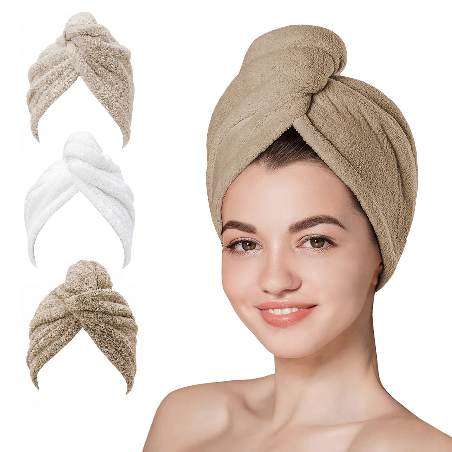 Hair Towel Wrap - 65x25 cm, Thicken Hair Turban Towel Pack of 3, Soft & Anti Frizz Head Towel for Women, Quick Drying Curly Hair Towel for Girl Wet Long Thick Hair-Weave Essentials-Caramel-Weave Essentials