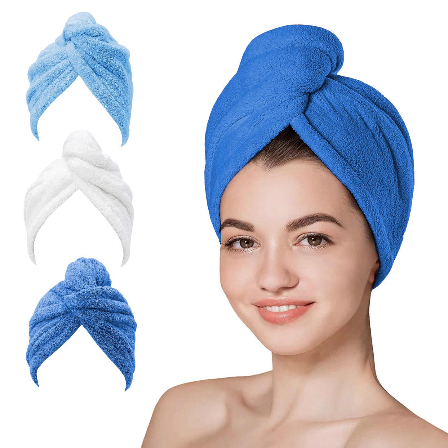 Hair Towel Wrap - 65x25 cm, Thicken Hair Turban Towel Pack of 3, Soft & Anti Frizz Head Towel for Women, Quick Drying Curly Hair Towel for Girl Wet Long Thick Hair-Weave Essentials-Cobalt-Weave Essentials