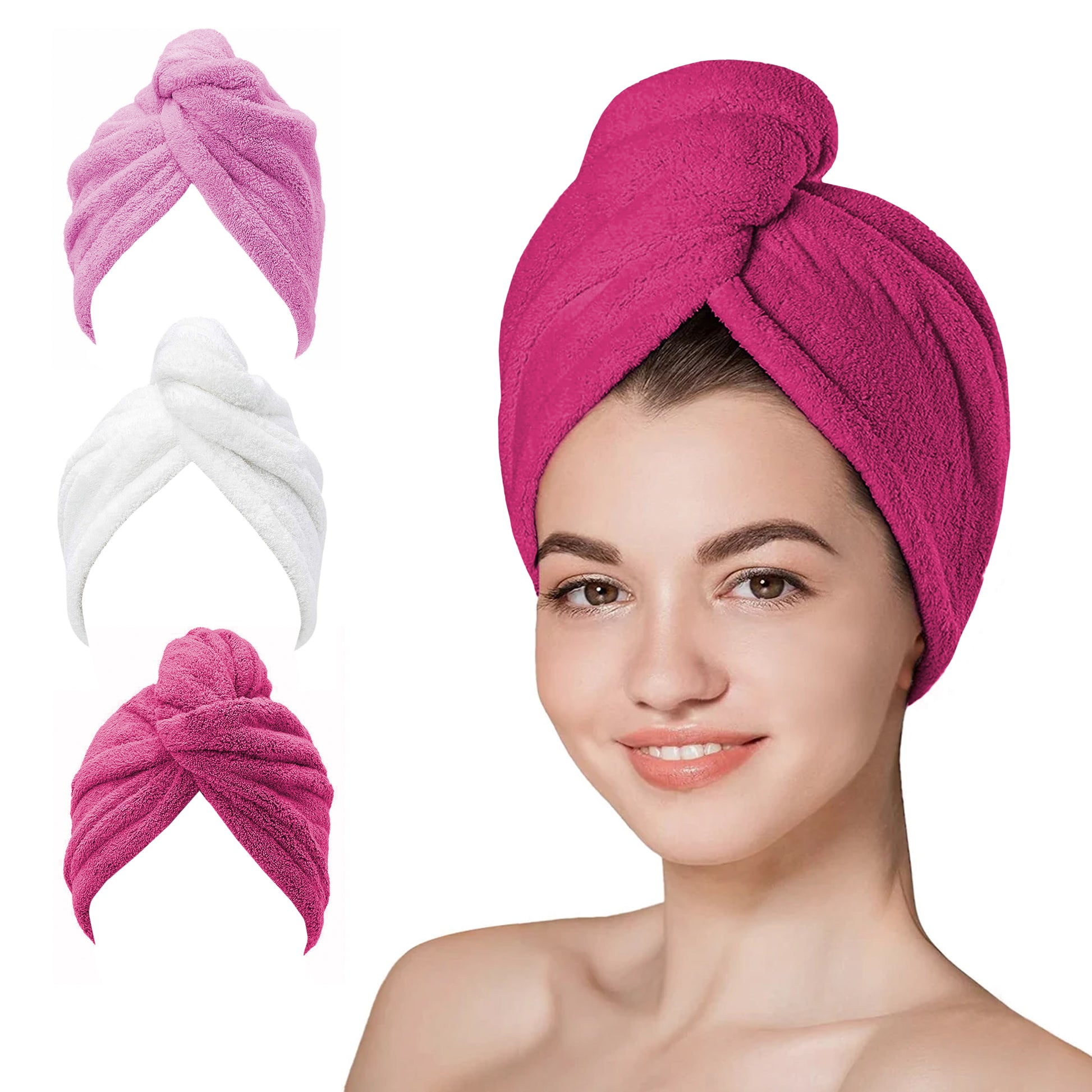 Hair Towel Wrap - 65x25 cm, Thicken Hair Turban Towel Pack of 3, Soft & Anti Frizz Head Towel for Women, Quick Drying Curly Hair Towel for Girl Wet Long Thick Hair-Weave Essentials-Fuchsia-Weave Essentials