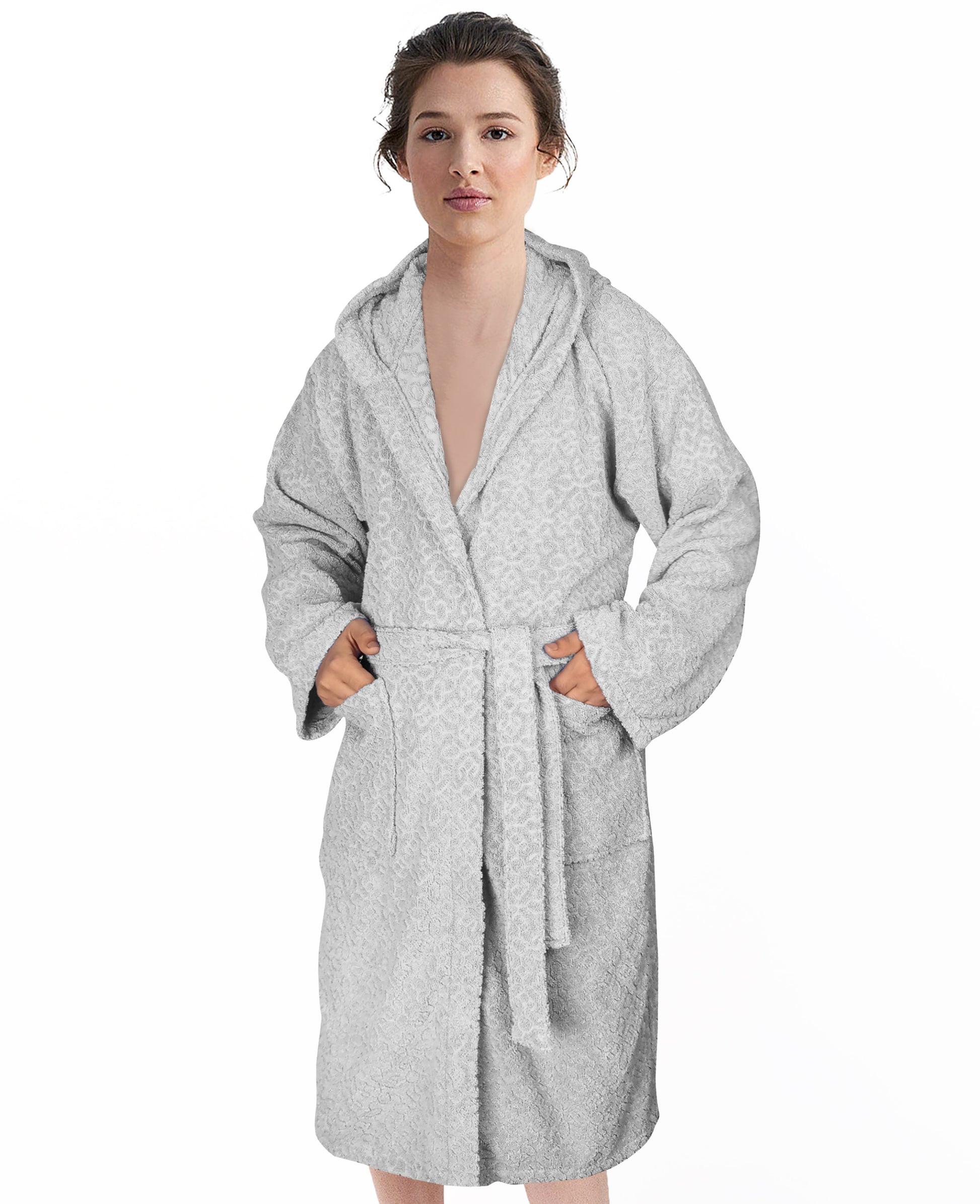 Jacquard Terry Bathrobe - 100% Cotton Dressing Gown for Men & Women, Highly Absorbent Soft Toweling Bath Robe, Hooded Dressing Bath Robe With 2 Pockets & Wrap Belt-Bathrobe-Weave Essentials-L/XL-Silver-Weave Essentials