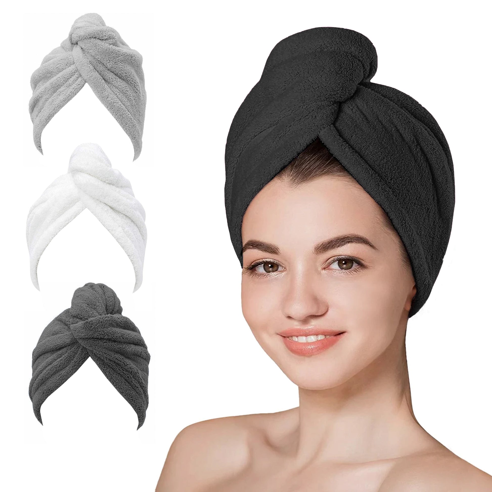 Hair Towel Wrap - 65x25 cm, Thicken Hair Turban Towel Pack of 3, Soft & Anti Frizz Head Towel for Women, Quick Drying Curly Hair Towel for Girl Wet Long Thick Hair-Weave Essentials-Charcoal-Weave Essentials