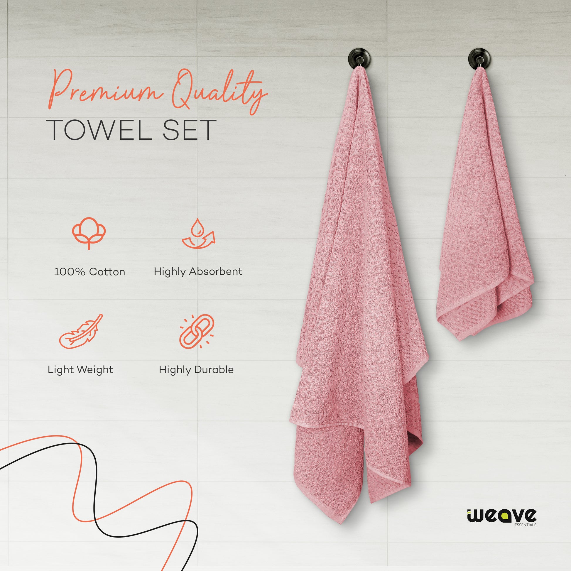 6 Pc Towel Set - 4 Hand Towels & 2 Bath Towel, Premium Quality 100% Cotton Jacquard Bathroom Towels, Highly Absorbent Soft & Plush Towel Bale Set-Towel Set-Weave Essentials-Pink-Weave Essentials