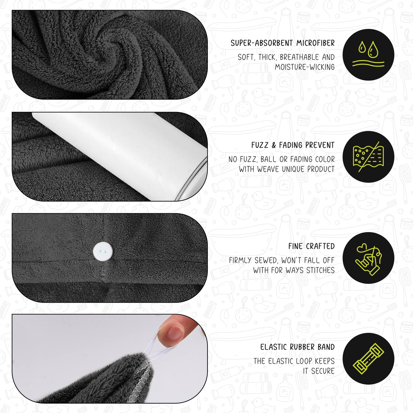 Hair Towel Wrap - 65x25 cm, Thicken Hair Turban Towel Pack of 3, Soft & Anti Frizz Head Towel for Women, Quick Drying Curly Hair Towel for Girl Wet Long Thick Hair-Weave Essentials-Charcoal-Weave Essentials