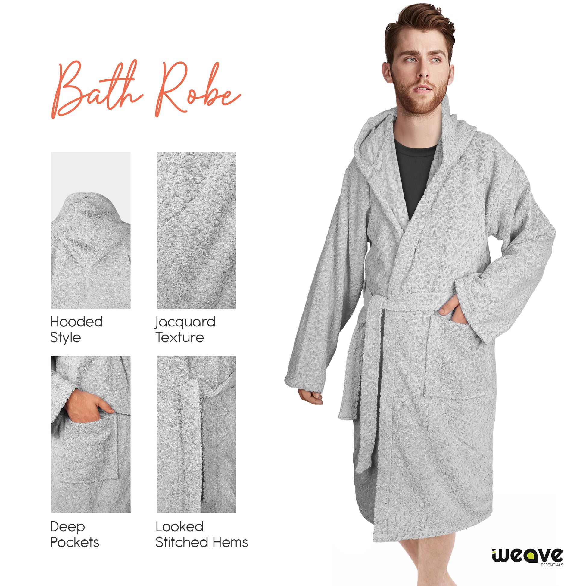 Jacquard Terry Bathrobe - 100% Cotton Dressing Gown for Men & Women, Highly Absorbent Soft Toweling Bath Robe, Hooded Dressing Bath Robe With 2 Pockets & Wrap Belt-Bathrobe-Weave Essentials-L/XL-Silver-Weave Essentials