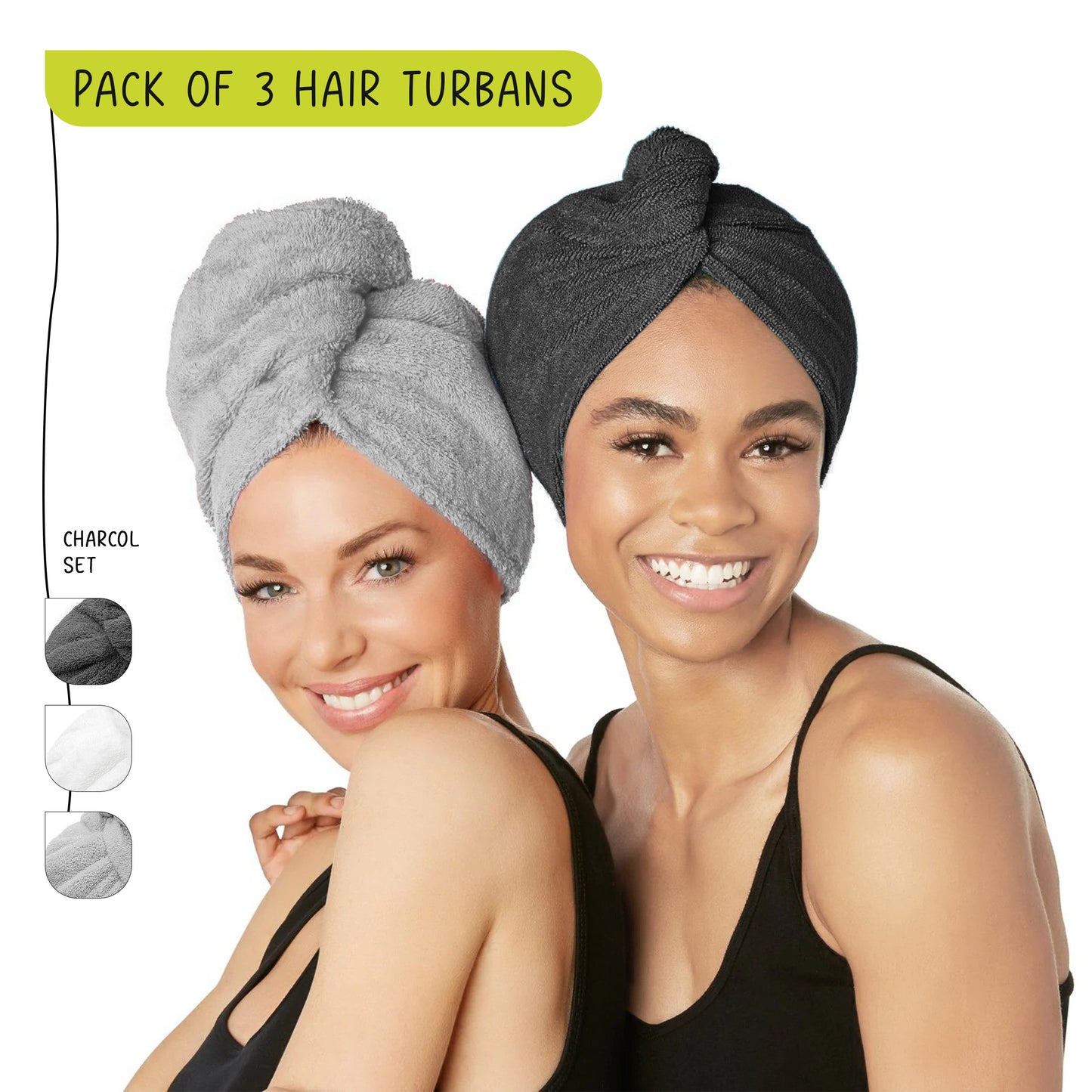 Hair Towel Wrap - 65x25 cm, Thicken Hair Turban Towel Pack of 3, Soft & Anti Frizz Head Towel for Women, Quick Drying Curly Hair Towel for Girl Wet Long Thick Hair-Weave Essentials-Charcoal-Weave Essentials