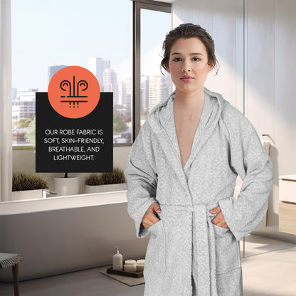 Jacquard Terry Bathrobe - 100% Cotton Dressing Gown for Men & Women, Highly Absorbent Soft Toweling Bath Robe, Hooded Dressing Bath Robe With 2 Pockets & Wrap Belt-Bathrobe-Weave Essentials-L/XL-Silver-Weave Essentials