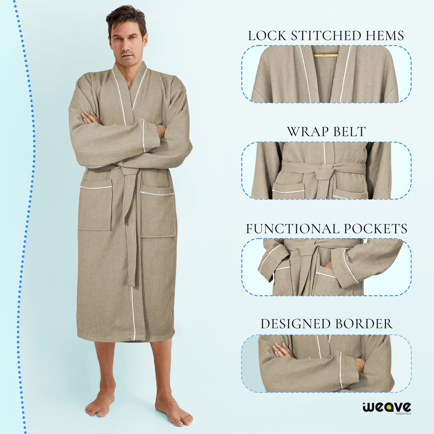 100% COTTON KIMONO UNISEX WAFFLE BATHROBE-Robes-Weave Essentials-Grey-S/M-Weave Essentials